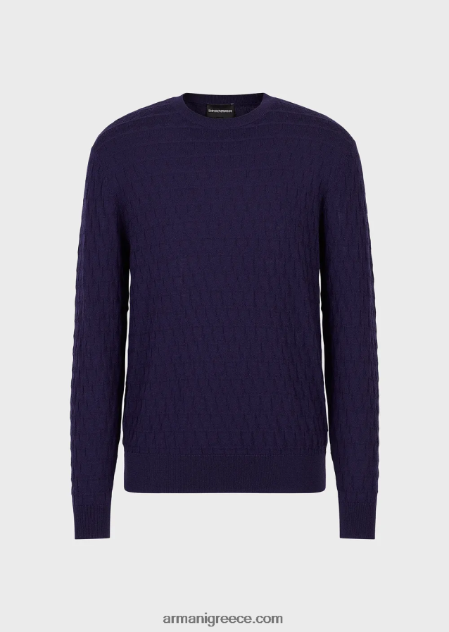 άνδρες Armani Μπλούζα από καθαρό παρθένο μαλλί με γεωμετρικό μοτίβο ζακάρ 4046R61247 μπλε ναυτικό