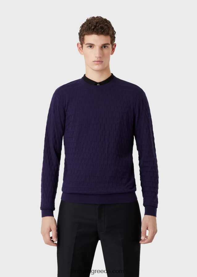 άνδρες Armani Μπλούζα από καθαρό παρθένο μαλλί με γεωμετρικό μοτίβο ζακάρ 4046R61247 μπλε ναυτικό