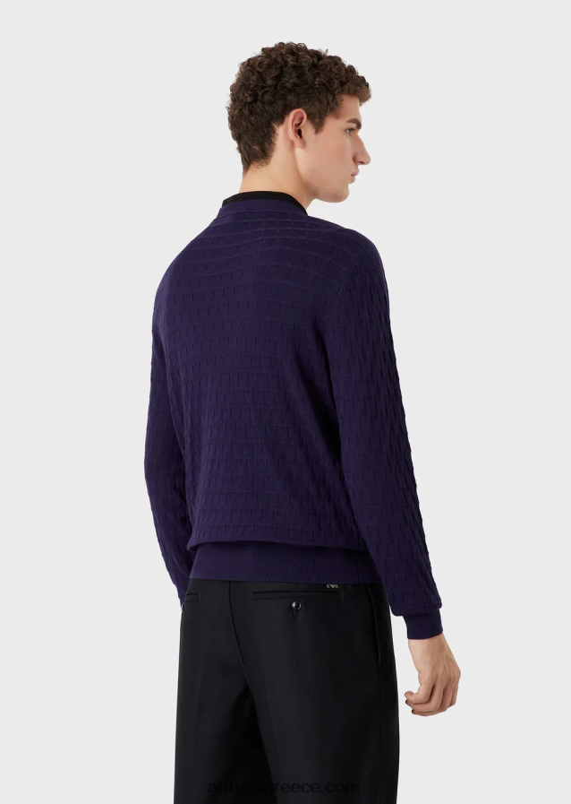 άνδρες Armani Μπλούζα από καθαρό παρθένο μαλλί με γεωμετρικό μοτίβο ζακάρ 4046R61247 μπλε ναυτικό