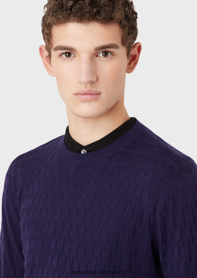άνδρες Armani Μπλούζα από καθαρό παρθένο μαλλί με γεωμετρικό μοτίβο ζακάρ 4046R61247 μπλε ναυτικό