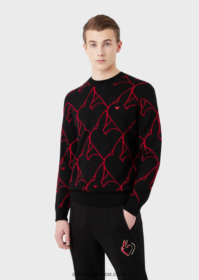 άνδρες Armani Μάλλινη μπλούζα με ζακάρ παντού λογότυπο κουνελιού 4046R61248 μαύρος