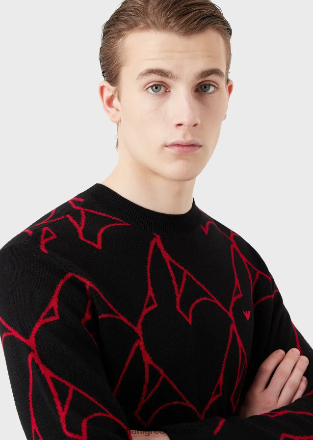 άνδρες Armani Μάλλινη μπλούζα με ζακάρ παντού λογότυπο κουνελιού 4046R61248 μαύρος