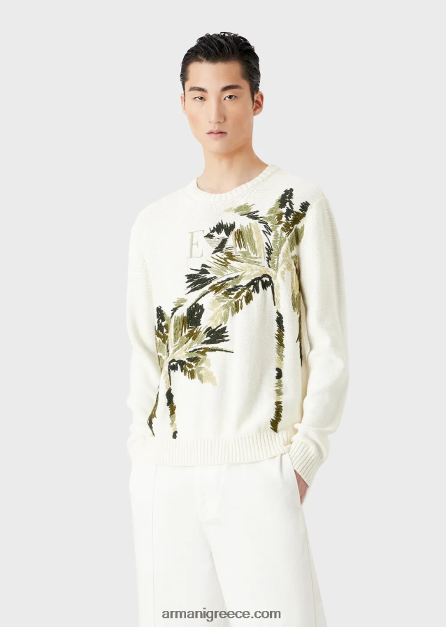 άνδρες Armani Πλεκτό μπλουζάκι μονόχρωμο με κέντημα φοίνικα 4046R61254 γαλακτώδες λευκό