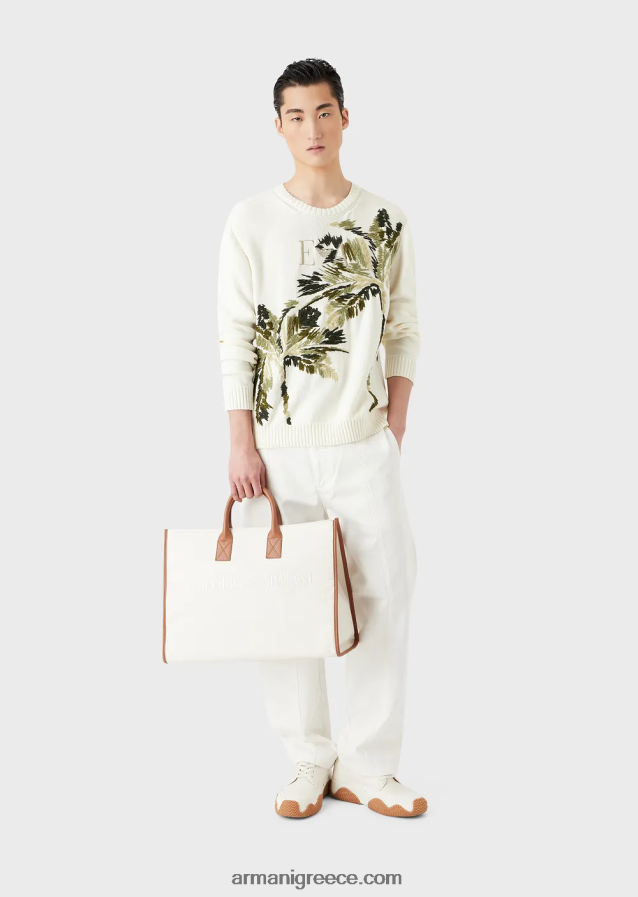 άνδρες Armani Πλεκτό μπλουζάκι μονόχρωμο με κέντημα φοίνικα 4046R61254 γαλακτώδες λευκό