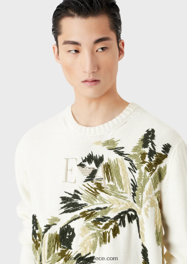 άνδρες Armani Πλεκτό μπλουζάκι μονόχρωμο με κέντημα φοίνικα 4046R61254 γαλακτώδες λευκό