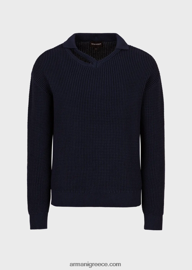 άνδρες Armani Αγγλικό πλεκτό μπλουζάκι με ματάκι στον ώμο 4046R61257 μπλε