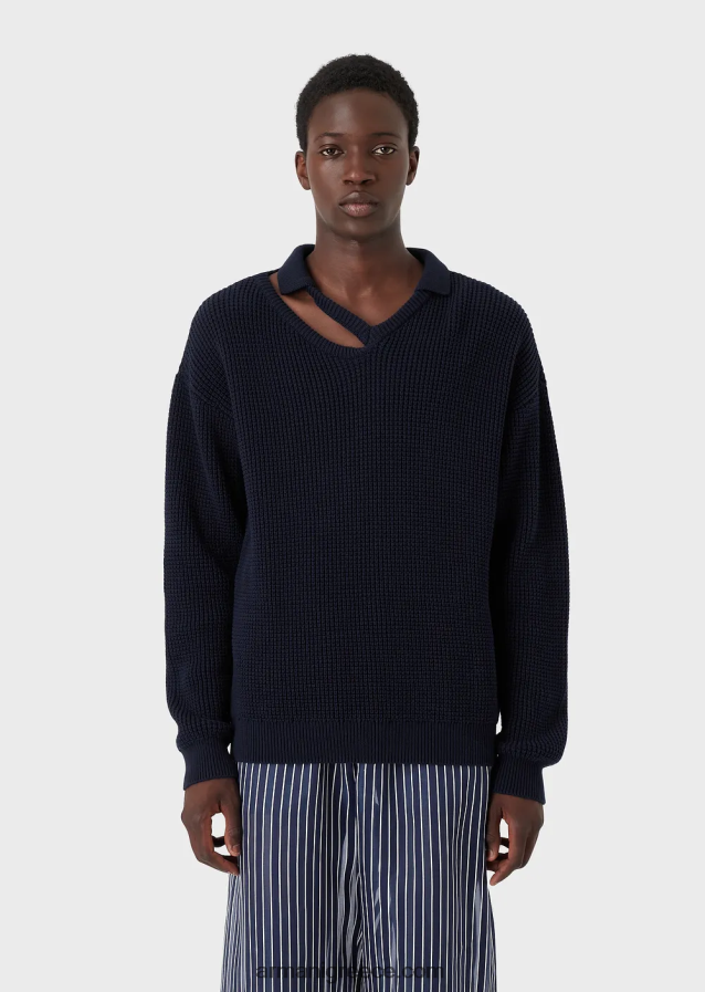 άνδρες Armani Αγγλικό πλεκτό μπλουζάκι με ματάκι στον ώμο 4046R61257 μπλε