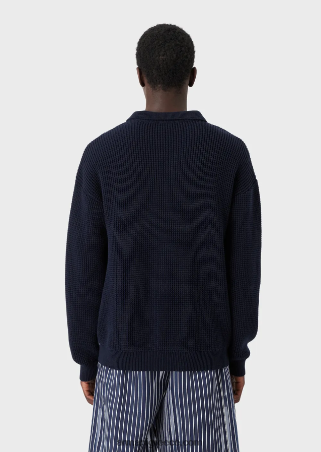 άνδρες Armani Αγγλικό πλεκτό μπλουζάκι με ματάκι στον ώμο 4046R61257 μπλε