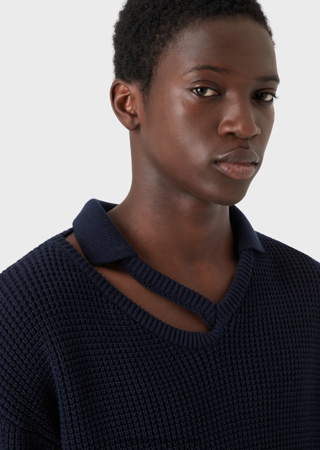 άνδρες Armani Αγγλικό πλεκτό μπλουζάκι με ματάκι στον ώμο 4046R61257 μπλε