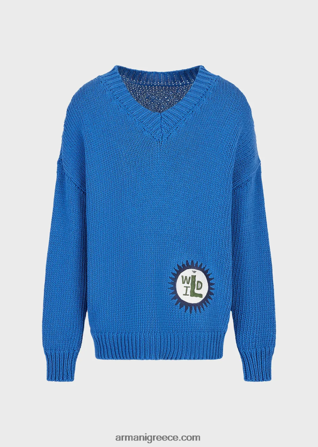 άνδρες Armani βιώσιμη συλλογή, μεγάλου μεγέθους, ανακυκλωμένο βαμβάκι με λαιμόκοψη με μπάλωμα 4046R61258 μπλε ηλεκτρικ