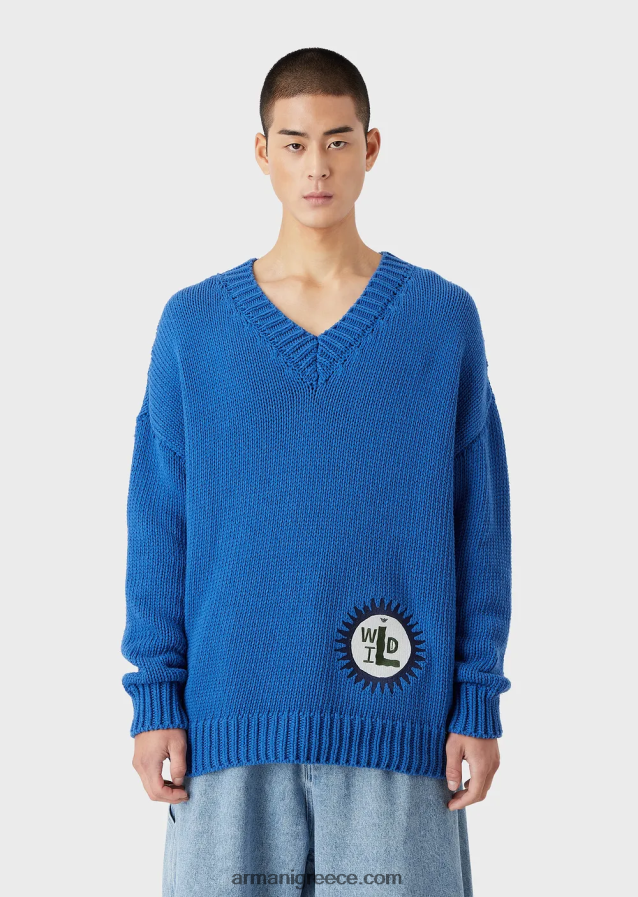 άνδρες Armani βιώσιμη συλλογή, μεγάλου μεγέθους, ανακυκλωμένο βαμβάκι με λαιμόκοψη με μπάλωμα 4046R61258 μπλε ηλεκτρικ