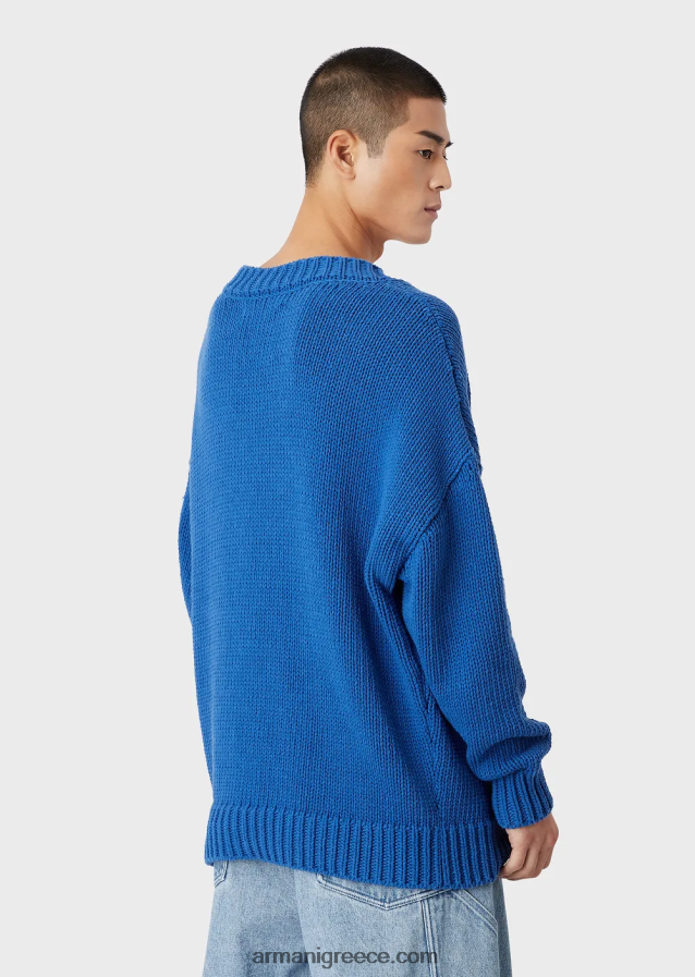 άνδρες Armani βιώσιμη συλλογή, μεγάλου μεγέθους, ανακυκλωμένο βαμβάκι με λαιμόκοψη με μπάλωμα 4046R61258 μπλε ηλεκτρικ