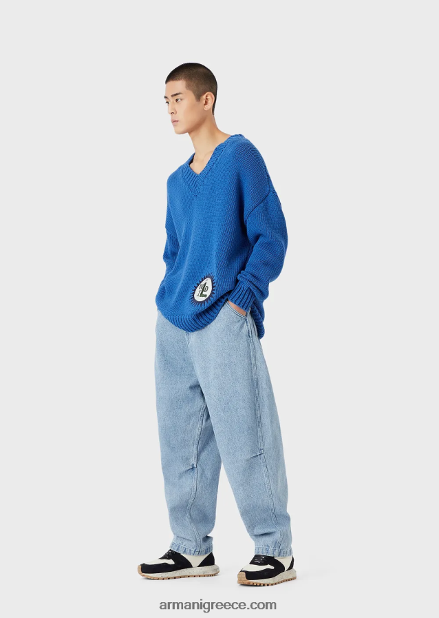 άνδρες Armani βιώσιμη συλλογή, μεγάλου μεγέθους, ανακυκλωμένο βαμβάκι με λαιμόκοψη με μπάλωμα 4046R61258 μπλε ηλεκτρικ