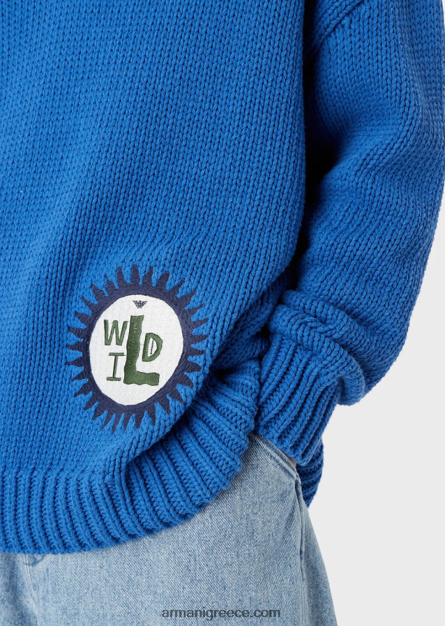 άνδρες Armani βιώσιμη συλλογή, μεγάλου μεγέθους, ανακυκλωμένο βαμβάκι με λαιμόκοψη με μπάλωμα 4046R61258 μπλε ηλεκτρικ