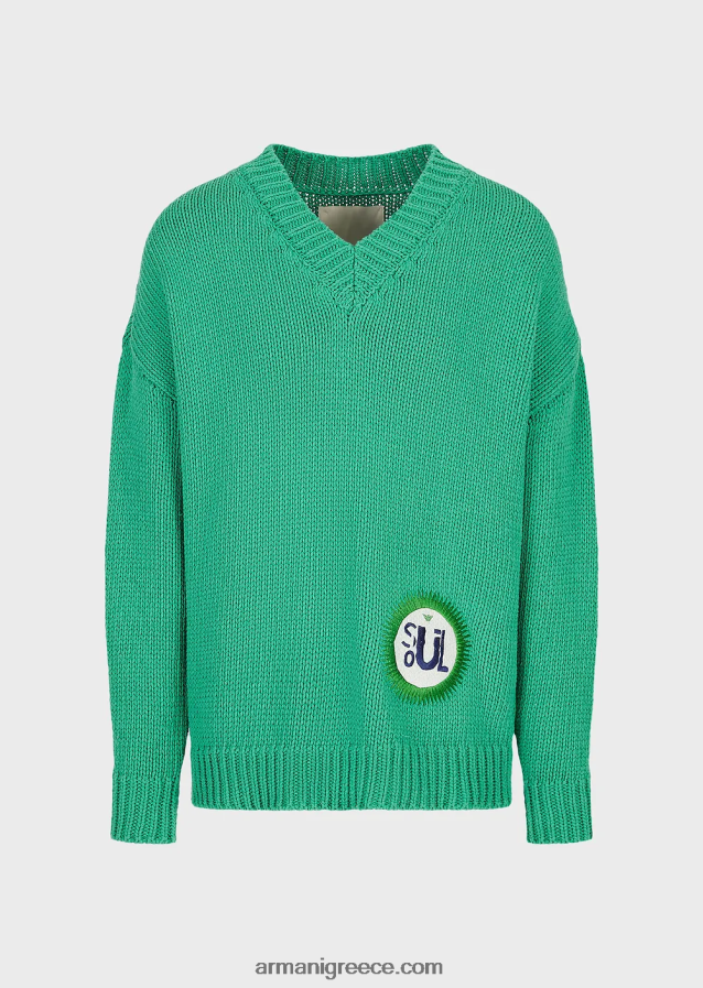 άνδρες Armani βιώσιμη συλλογή, μεγάλου μεγέθους, ανακυκλωμένο βαμβάκι με λαιμόκοψη με μπάλωμα 4046R61259 πράσινος