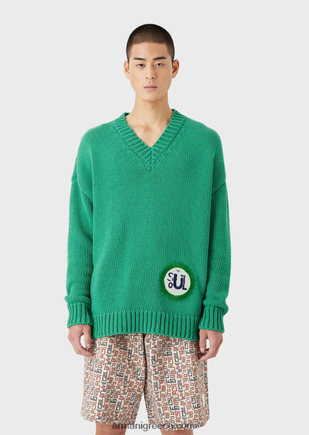 άνδρες Armani βιώσιμη συλλογή, μεγάλου μεγέθους, ανακυκλωμένο βαμβάκι με λαιμόκοψη με μπάλωμα 4046R61259 πράσινος