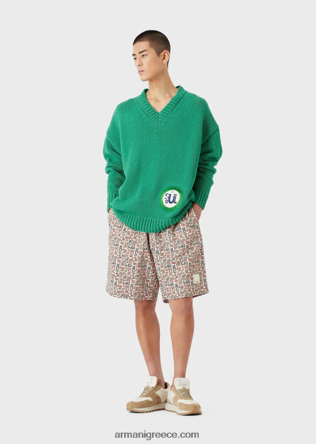 άνδρες Armani βιώσιμη συλλογή, μεγάλου μεγέθους, ανακυκλωμένο βαμβάκι με λαιμόκοψη με μπάλωμα 4046R61259 πράσινος