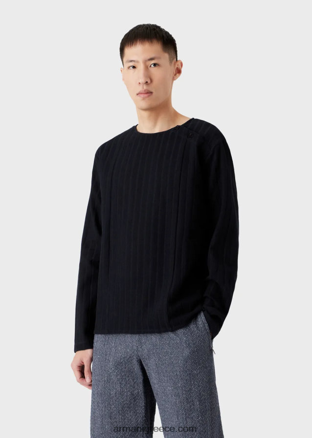 άνδρες Armani ζακάρ τζέρσεϊ μπλούζα με ραβδωτό μοτίβο 4046R61263 ναυτικό μπλε