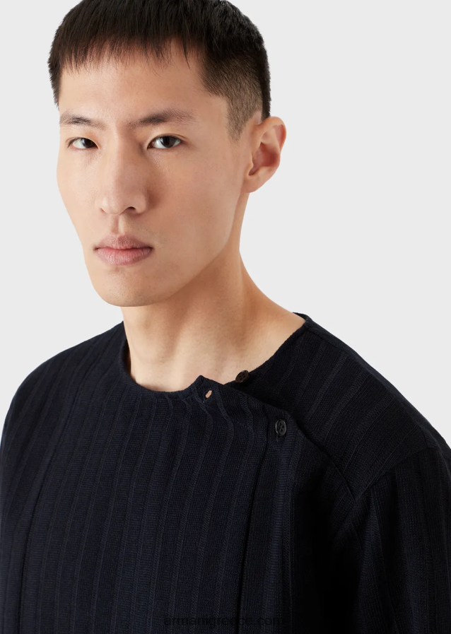 άνδρες Armani ζακάρ τζέρσεϊ μπλούζα με ραβδωτό μοτίβο 4046R61263 ναυτικό μπλε