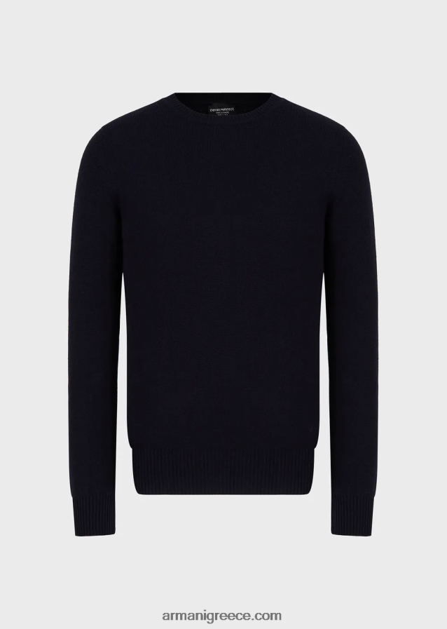 άνδρες Armani αγνό κασμίρ άλμα με λαιμόκοψη 4046R61265 ναυτικό μπλε