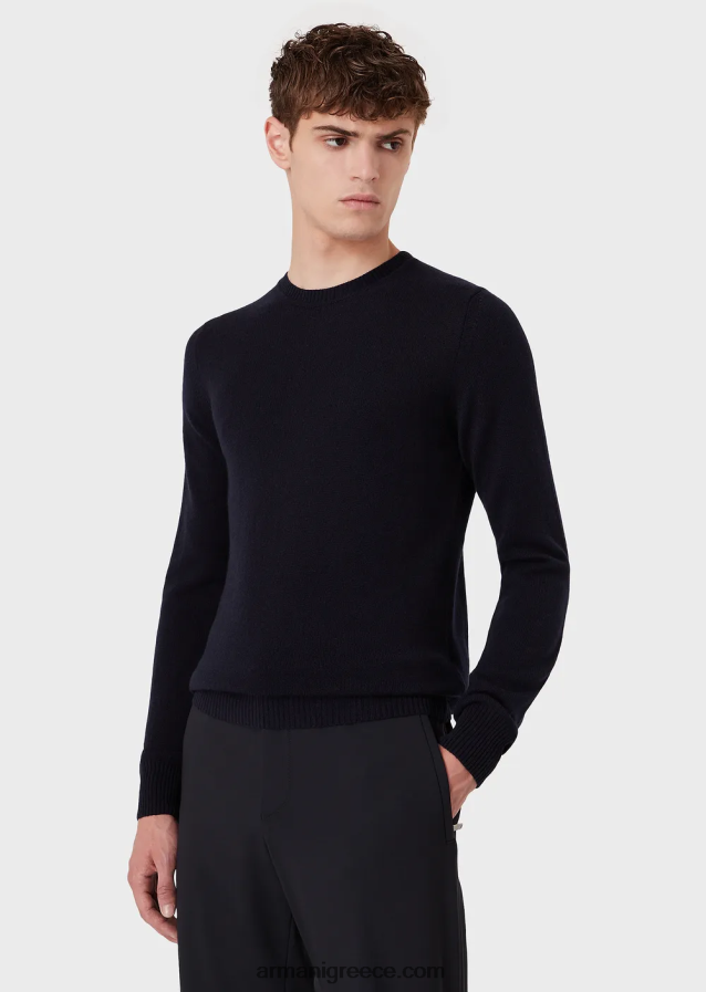 άνδρες Armani αγνό κασμίρ άλμα με λαιμόκοψη 4046R61265 ναυτικό μπλε