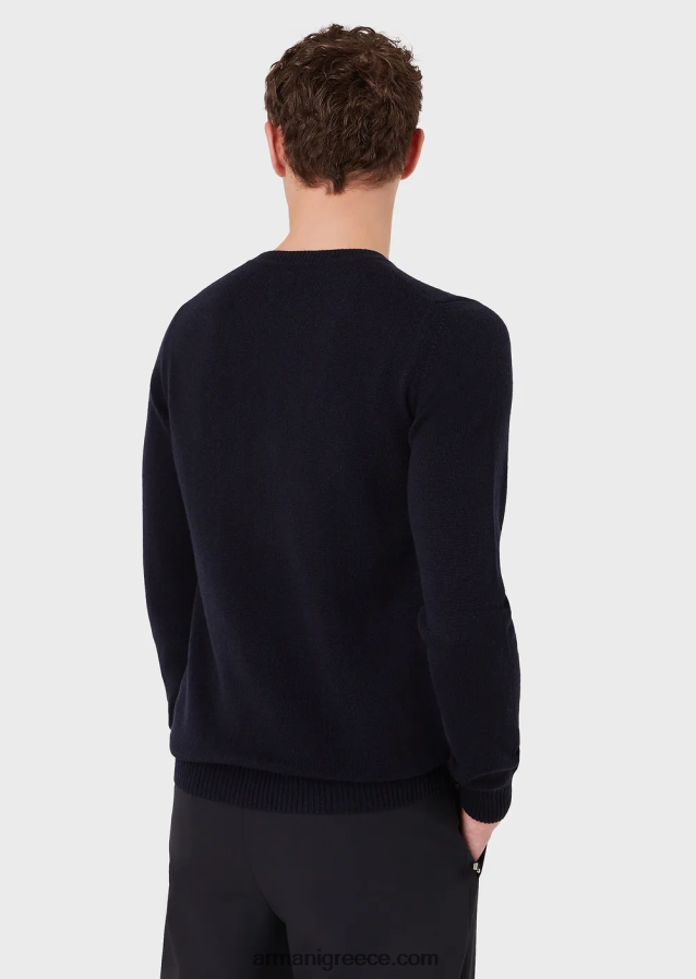 άνδρες Armani αγνό κασμίρ άλμα με λαιμόκοψη 4046R61265 ναυτικό μπλε