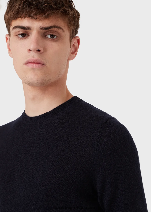 άνδρες Armani αγνό κασμίρ άλμα με λαιμόκοψη 4046R61265 ναυτικό μπλε