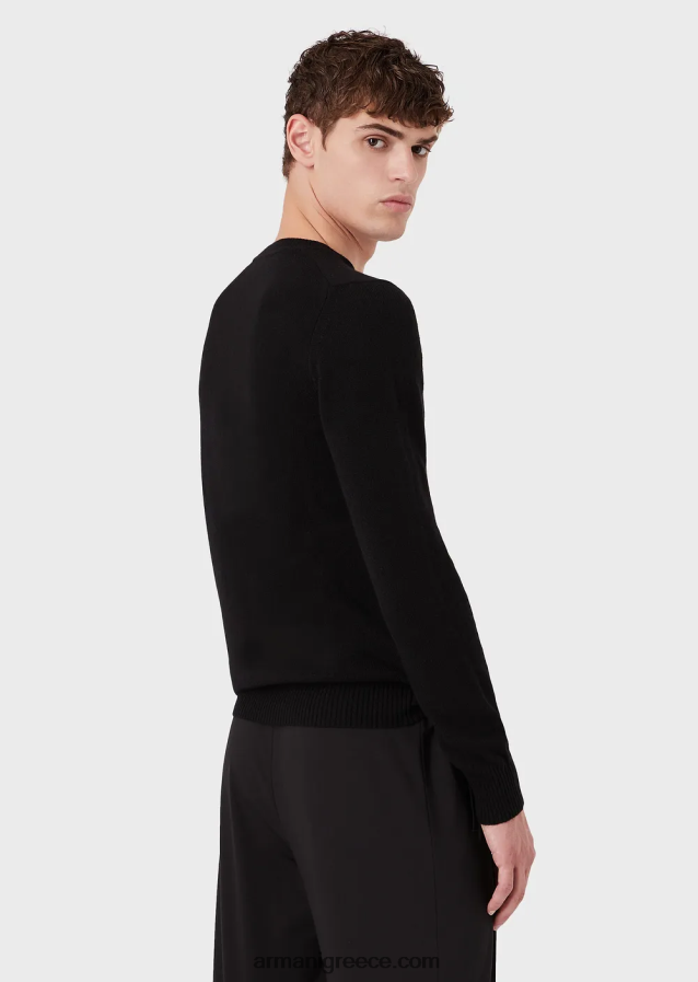 άνδρες Armani αγνό κασμίρ άλμα με λαιμόκοψη 4046R61266 μαύρος