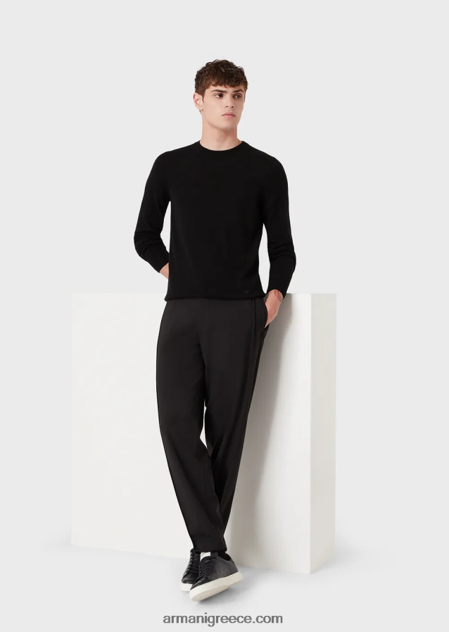 άνδρες Armani αγνό κασμίρ άλμα με λαιμόκοψη 4046R61266 μαύρος