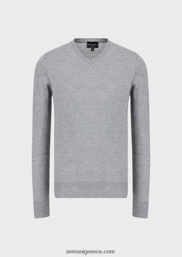 άνδρες Armani Μπλουζάκι με λαιμόκοψη από παρθένο μαλλί 4046R61267 ανοιχτό γκρι