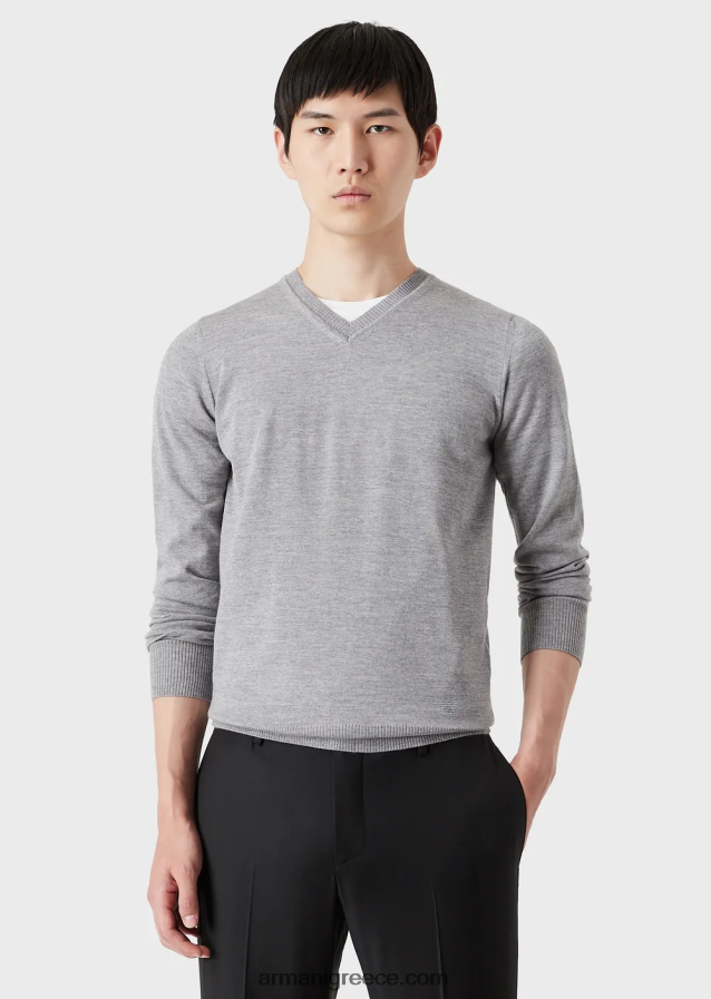 άνδρες Armani Μπλουζάκι με λαιμόκοψη από παρθένο μαλλί 4046R61267 ανοιχτό γκρι