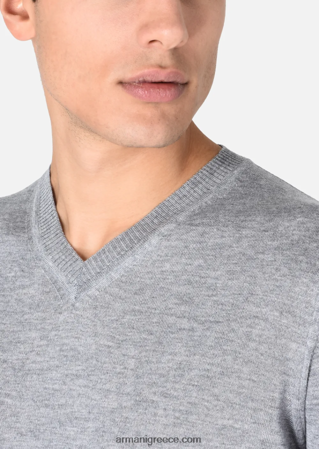 άνδρες Armani Μπλουζάκι με λαιμόκοψη από παρθένο μαλλί 4046R61267 ανοιχτό γκρι