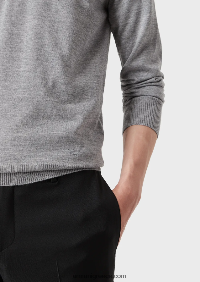 άνδρες Armani Μπλουζάκι με λαιμόκοψη από παρθένο μαλλί 4046R61267 ανοιχτό γκρι