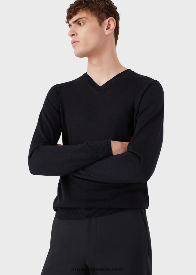 άνδρες Armani Μπλουζάκι με λαιμόκοψη από παρθένο μαλλί 4046R61268 ναυτικό μπλε