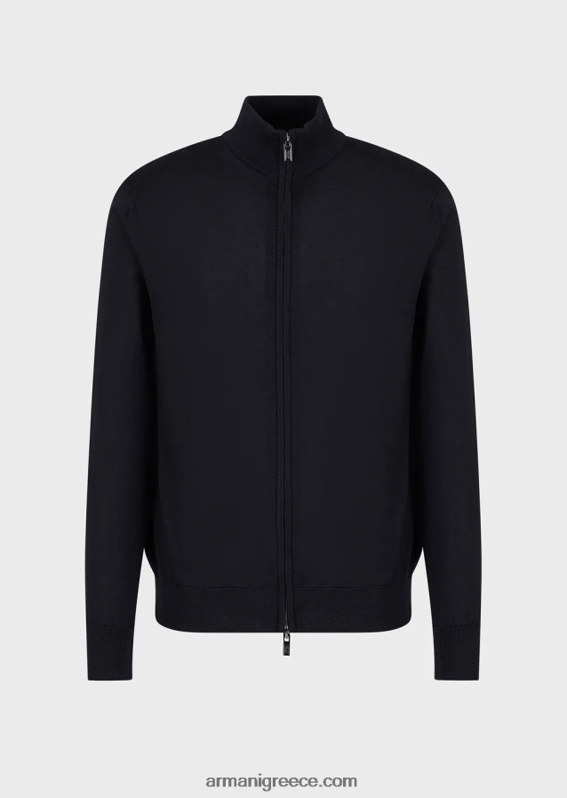 άνδρες Armani παρθένο μάλλινη ζακέτα με φερμουάρ 4046R61270 ναυτικό μπλε
