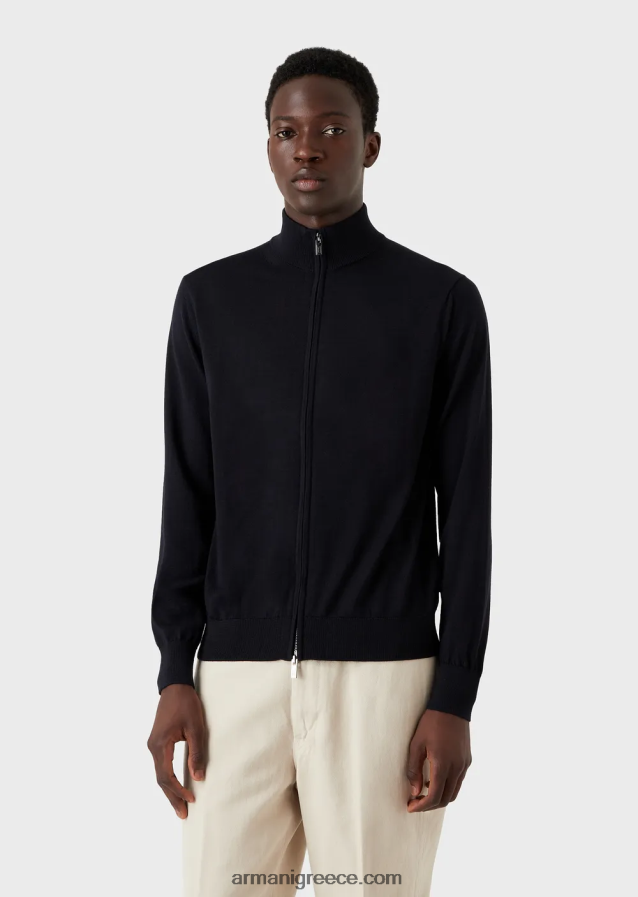 άνδρες Armani παρθένο μάλλινη ζακέτα με φερμουάρ 4046R61270 ναυτικό μπλε