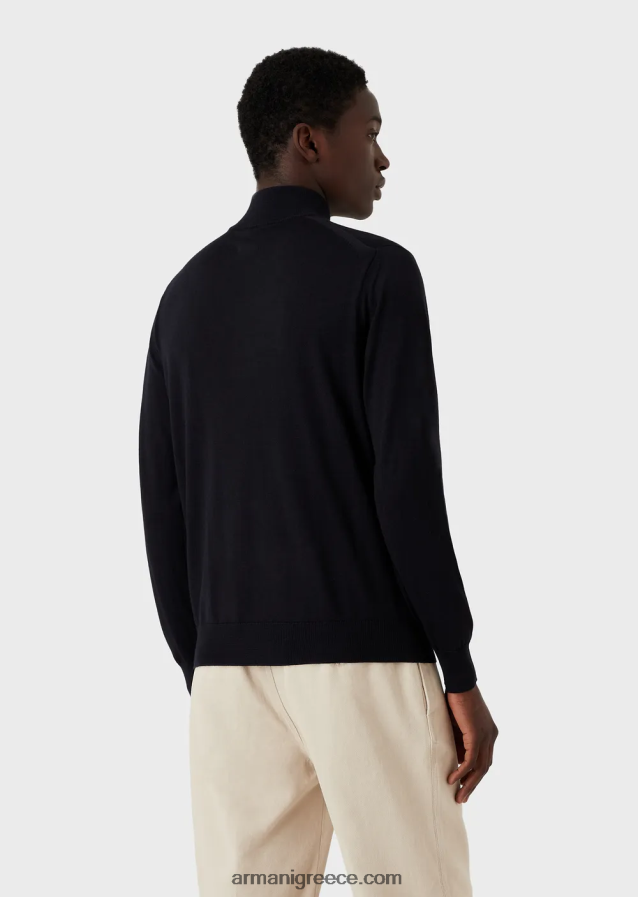 άνδρες Armani παρθένο μάλλινη ζακέτα με φερμουάρ 4046R61270 ναυτικό μπλε