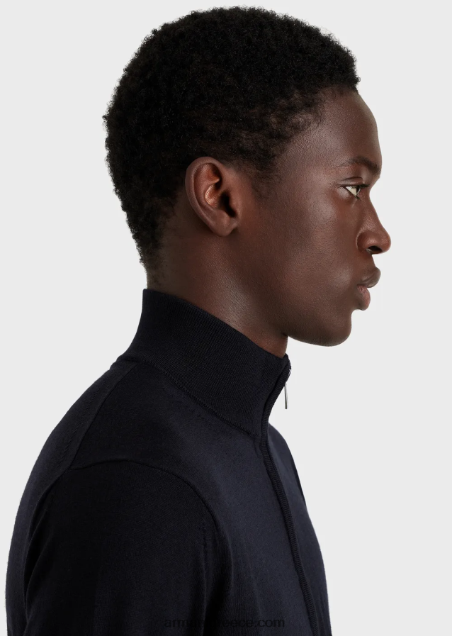 άνδρες Armani παρθένο μάλλινη ζακέτα με φερμουάρ 4046R61270 ναυτικό μπλε