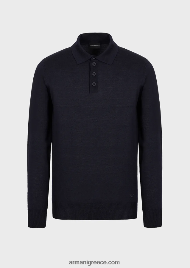 άνδρες Armani Παρθένο μάλλινο μπλουζάκι με γιακά πόλο 4046R61275 ναυτικό μπλε