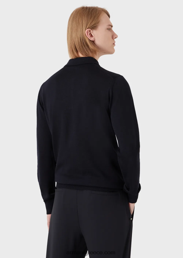 άνδρες Armani Παρθένο μάλλινο μπλουζάκι με γιακά πόλο 4046R61275 ναυτικό μπλε