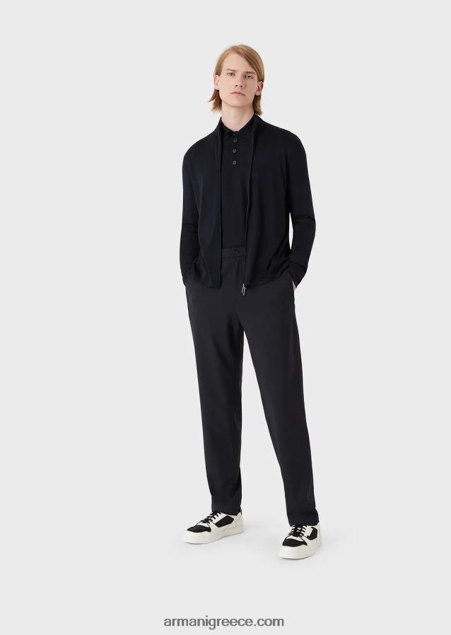 άνδρες Armani Παρθένο μάλλινο μπλουζάκι με γιακά πόλο 4046R61275 ναυτικό μπλε