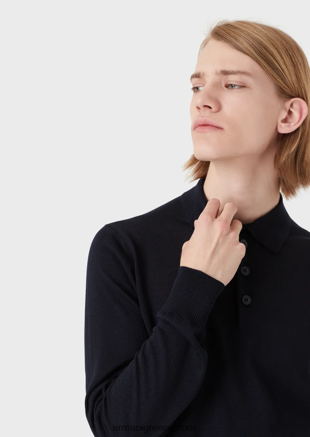 άνδρες Armani Παρθένο μάλλινο μπλουζάκι με γιακά πόλο 4046R61275 ναυτικό μπλε
