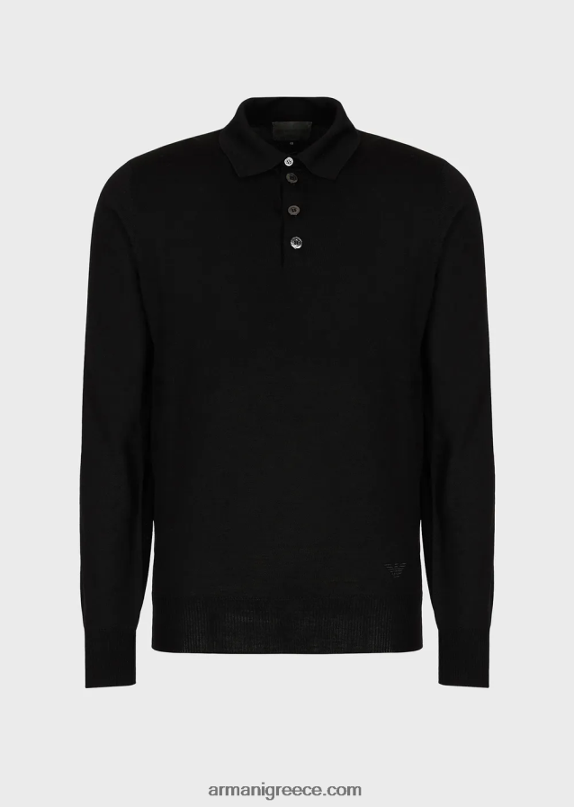 άνδρες Armani Παρθένο μάλλινο μπλουζάκι με γιακά πόλο 4046R61276 μαύρος