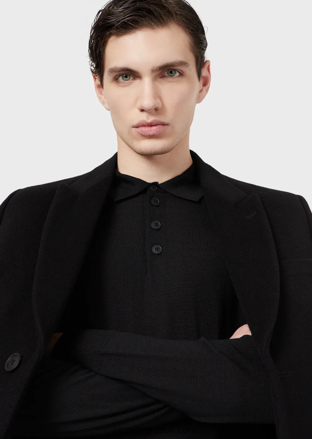 άνδρες Armani Παρθένο μάλλινο μπλουζάκι με γιακά πόλο 4046R61276 μαύρος