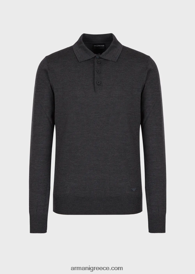 άνδρες Armani Παρθένο μάλλινο μπλουζάκι με γιακά πόλο 4046R61277 σκούρο γκρίζο
