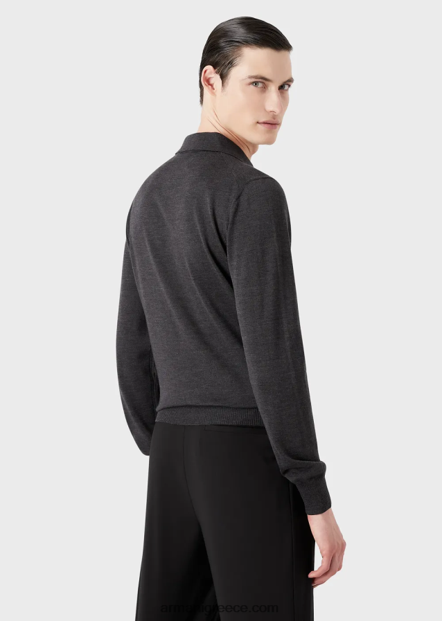 άνδρες Armani Παρθένο μάλλινο μπλουζάκι με γιακά πόλο 4046R61277 σκούρο γκρίζο