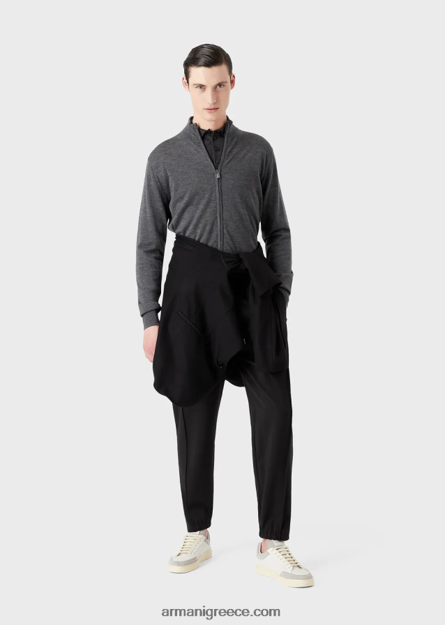 άνδρες Armani Παρθένο μάλλινο μπλουζάκι με γιακά πόλο 4046R61277 σκούρο γκρίζο