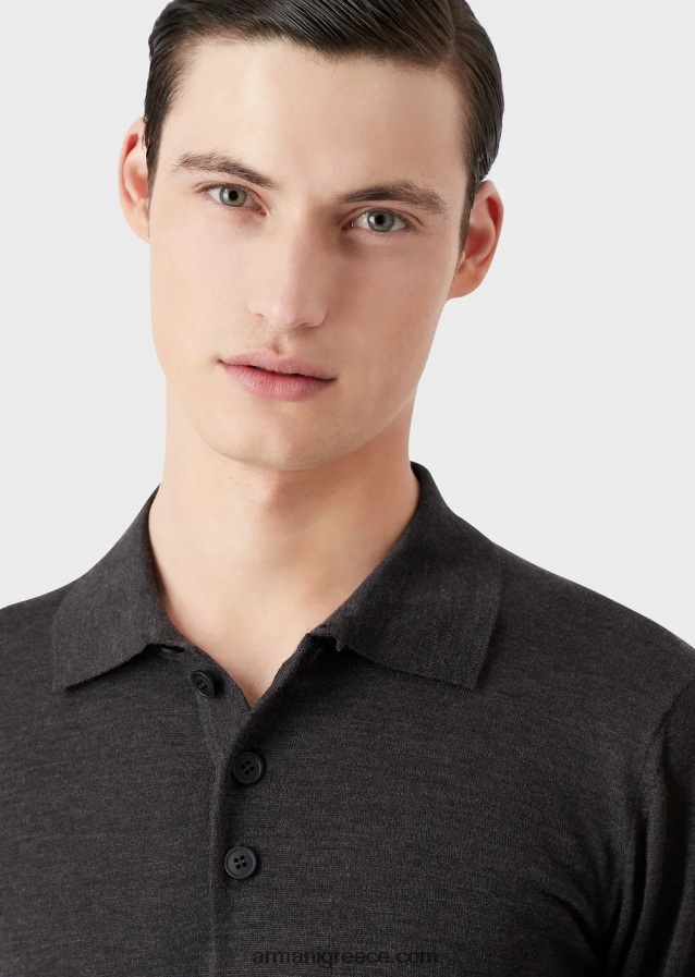 άνδρες Armani Παρθένο μάλλινο μπλουζάκι με γιακά πόλο 4046R61277 σκούρο γκρίζο