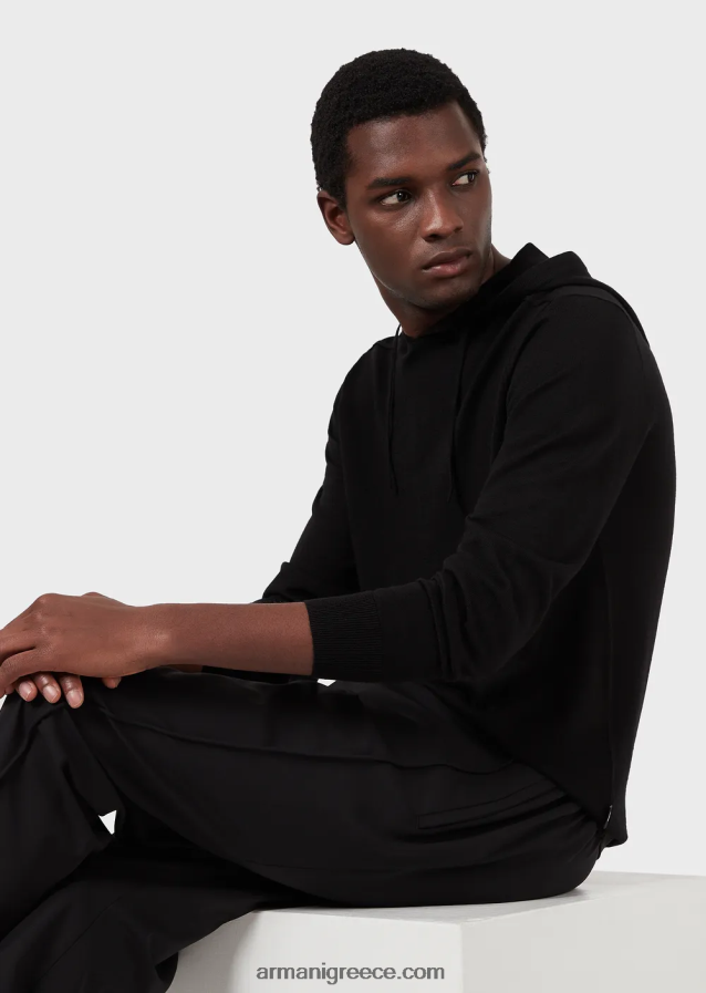 άνδρες Armani Μπλούζα με κουκούλα από μαλλί και λυοκύτταρο 4046R61279 μαύρος