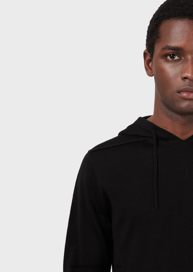 άνδρες Armani Μπλούζα με κουκούλα από μαλλί και λυοκύτταρο 4046R61279 μαύρος
